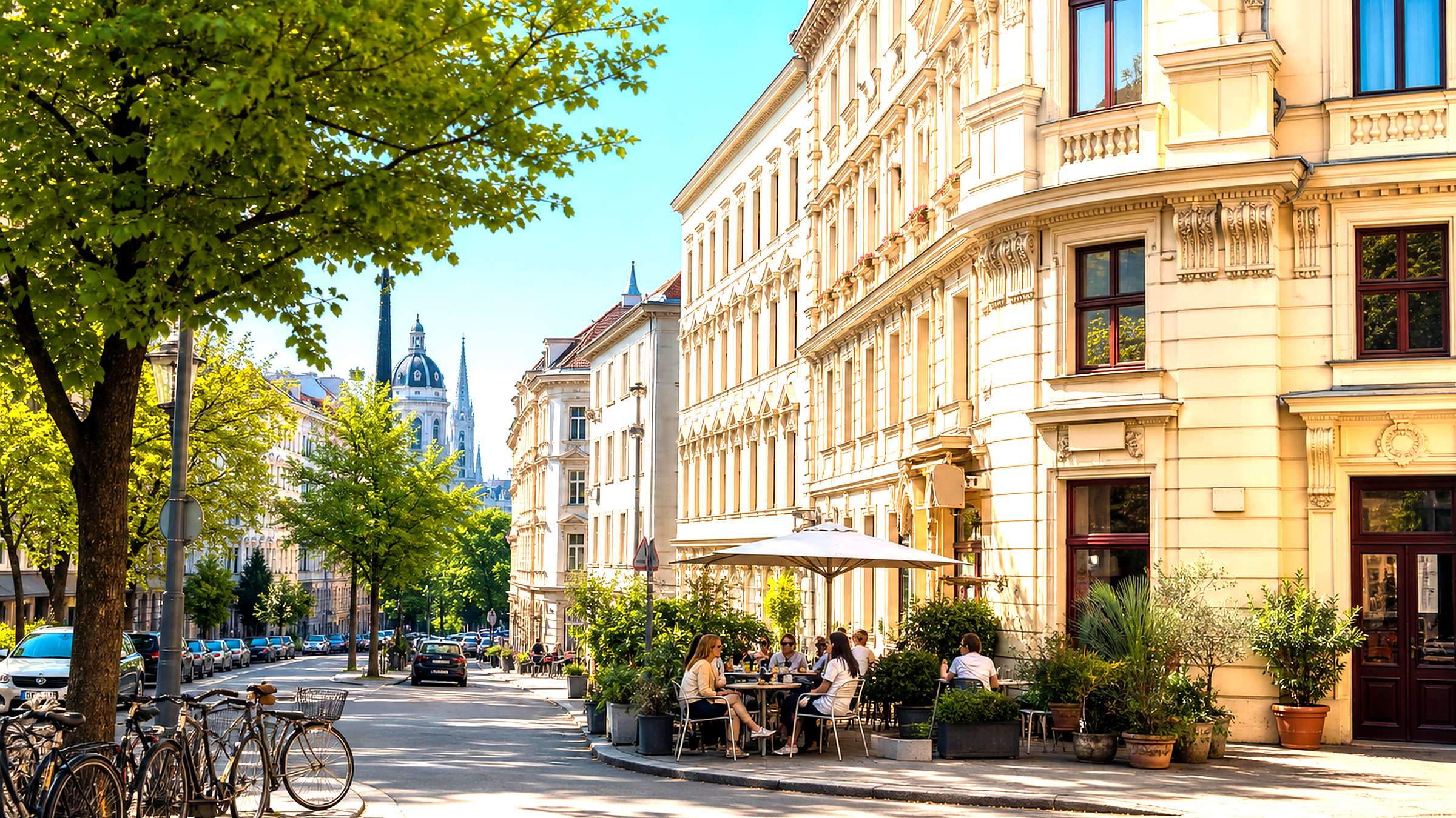 Breite Wiener Stadtansicht mit Wohnhäusern und markanten Dächern